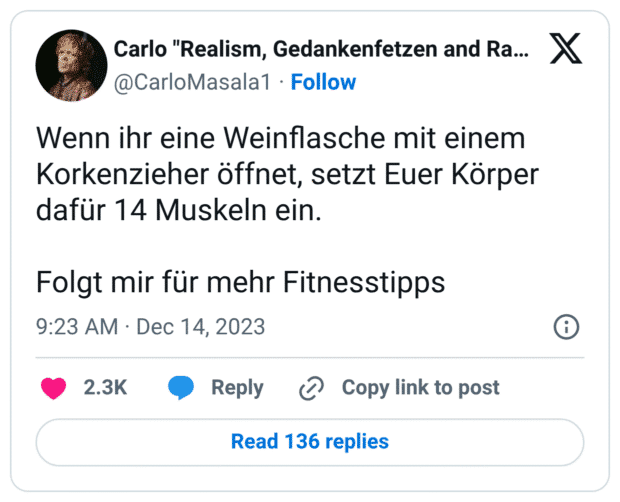 Wenn ihr eine Weinflasche mit einem Korkenzieher öffnet, setzt Euer Körper dafür 14 Muskeln ein. Folgt mir für mehr Fitnesstipps