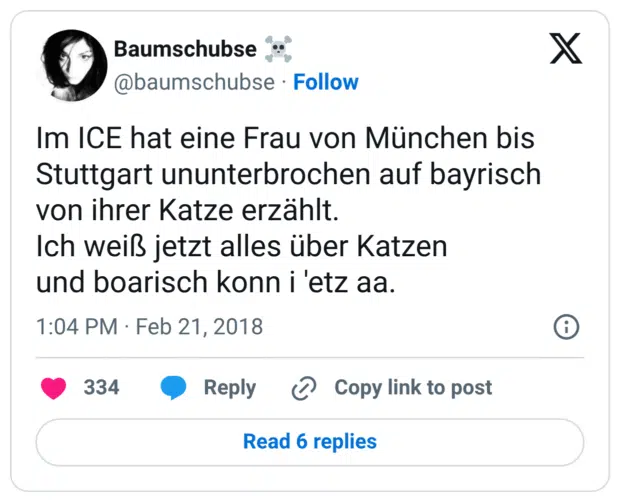 Im ICE hat eine Frau von München bis Stuttgart ununterbrochen auf bayrisch von ihrer Katze erzählt. Ich weiß jetzt alles über Katzen und boarisch konn i 'etz aa.