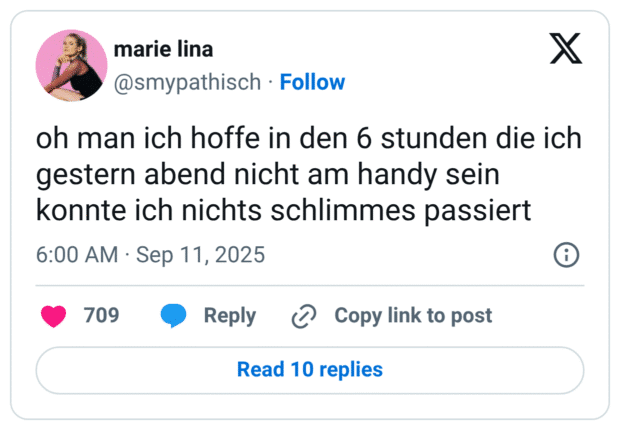oh man ich hoffe in den 6 stunden die ich gestern abend nicht am handy sein konnte ich nichts schlimmes passiert