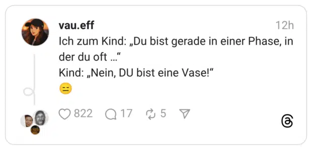 Ich zum Kind: „Du bist gerade in einer Phase, in der du oft …“ Kind: „Nein, DU bist eine Vase!“ 😑