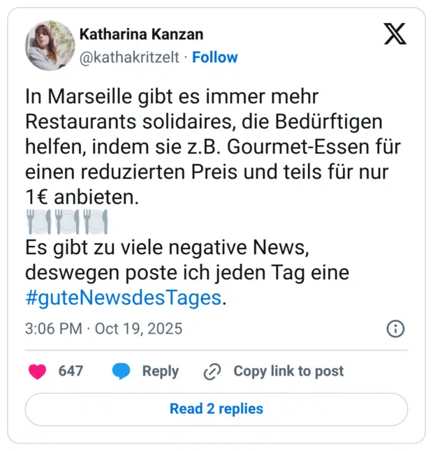 In Marseille gibt es immer mehr Restaurants solidaires, die Bedürftigen helfen, indem sie z.B. Gourmet-Essen für einen reduzierten Preis und teils für nur 1€ anbieten. 🍽️🍽️🍽️ Es gibt zu viele negative News, deswegen poste ich jeden Tag eine #guteNewsdesTages.