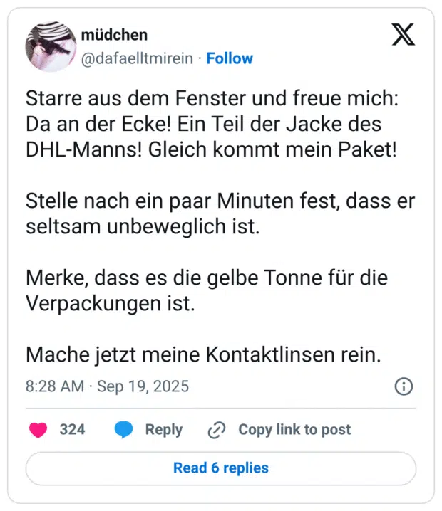 Starre aus dem Fenster und freue mich: Da an der Ecke! Ein Teil der Jacke des DHL-Manns! Gleich kommt mein Paket! Stelle nach ein paar Minuten fest, dass er seltsam unbeweglich ist. Merke, dass es die gelbe Tonne für die Verpackungen ist. Mache jetzt meine Kontaktlinsen rein.