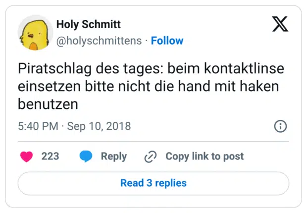 Piratschlag des tages: beim kontaktlinse einsetzen bitte nicht die hand mit haken benutzen