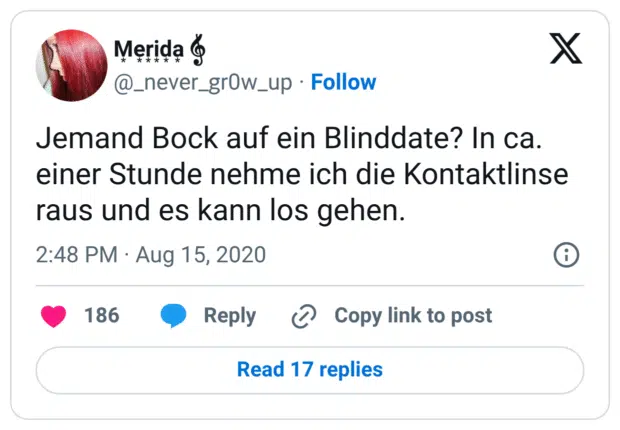 Jemand Bock auf ein Blinddate? In ca. einer Stunde nehme ich die Kontaktlinse raus und es kann los gehen.