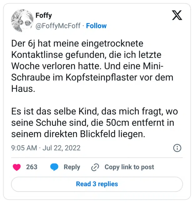 Der 6j hat meine eingetrocknete Kontaktlinse gefunden, die ich letzte Woche verloren hatte. Und eine Mini-Schraube im Kopfsteinpflaster vor dem Haus. Es ist das selbe Kind, das mich fragt, wo seine Schuhe sind, die 50cm entfernt in seinem direkten Blickfeld liegen.