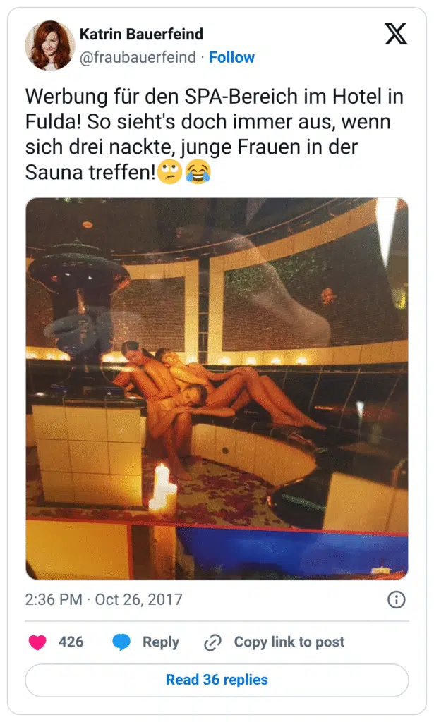 Werbung für den SPA-Bereich im Hotel in Fulda! So sieht's doch immer aus, wenn sich drei nackte, junge Frauen in der Sauna treffen!