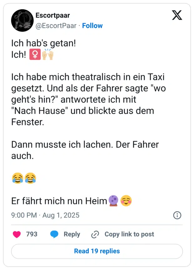 Ich hab's getan! Ich! ♀️🙌🏼 Ich habe mich theatralisch in ein Taxi gesetzt. Und als der Fahrer sagte "wo geht's hin?" antwortete ich mit "Nach Hause" und blickte aus dem Fenster. Dann musste ich lachen. Der Fahrer auch. 😂😂 Er fährt mich nun Heim🔮☺️
