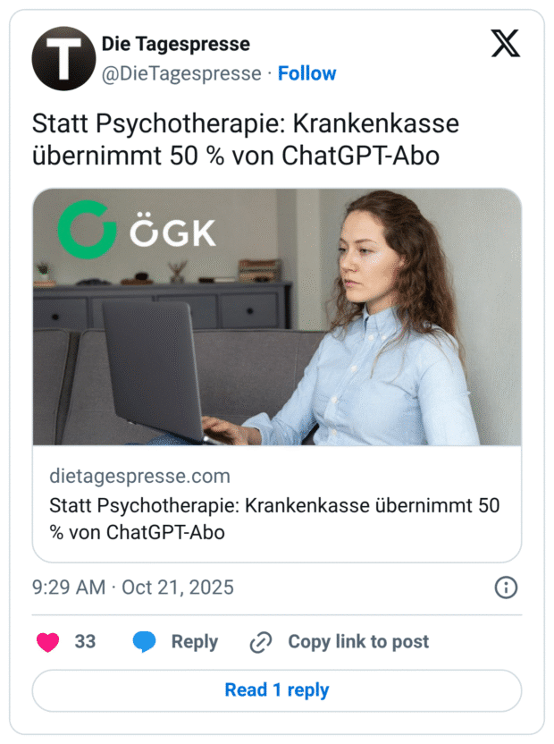 Krankenkasse übernimmt 50 % von ChatGPT-Abo G ÖGK