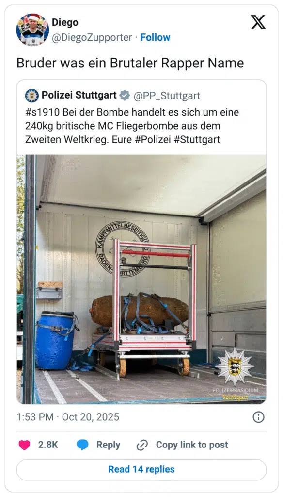 ruder was ein Brutaler Rapper Name Polizei Stuttgart • @PP_Stuttgart #s1910 Bei der Bombe handelt es sich um eine 240kg britische MC Fliegerbombe aus dem Zweiten Weltkrieg.