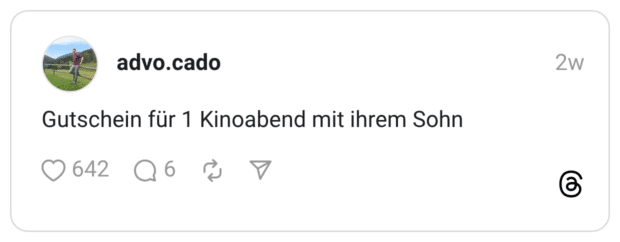 Gutschein für 1 Kinoabend mit ihrem Sohn