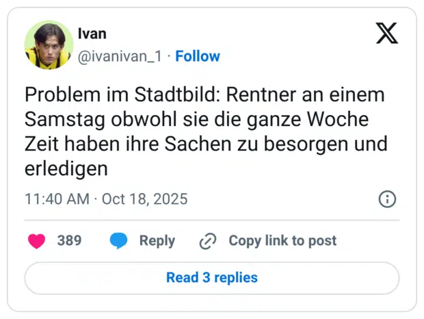 Problem im Stadtbild: Rentner an einem Samstag obwohl sie die ganze Woche Zeit haben ihre Sachen zu besorgen und erledigen