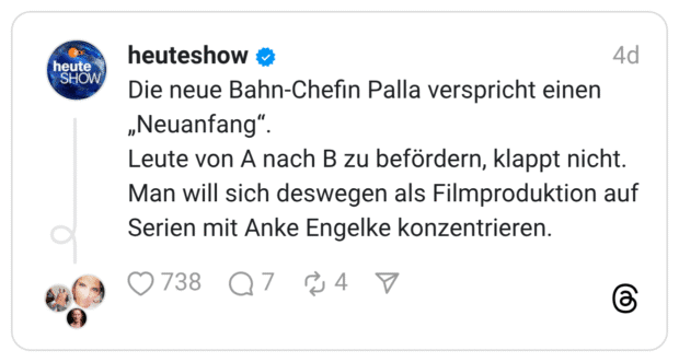 Die neue Bahn-Chefin Palla verspricht einen „Neuanfang". Leute von A nach B zu befördern, klappt nicht. Man will sich deswegen als Filmproduktion auf Serien mit Anke Engelke konzentrieren