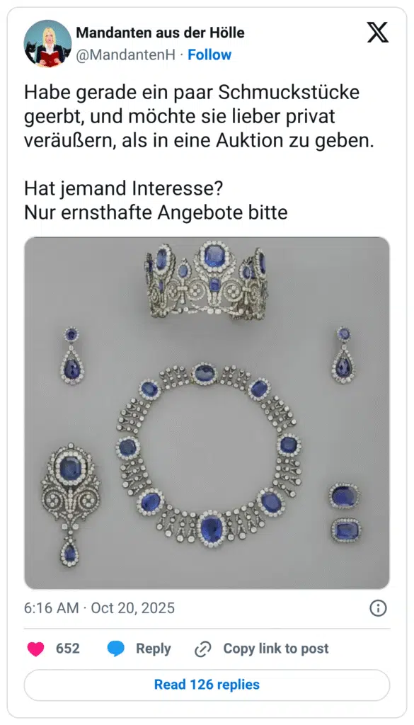 Habe gerade ein paar Schmuckstücke geerbt, und möchte sie lieber privat veräußern, als in eine Auktion zu geben. Hat jemand Interesse? Nur ernsthafte Angebote bitte