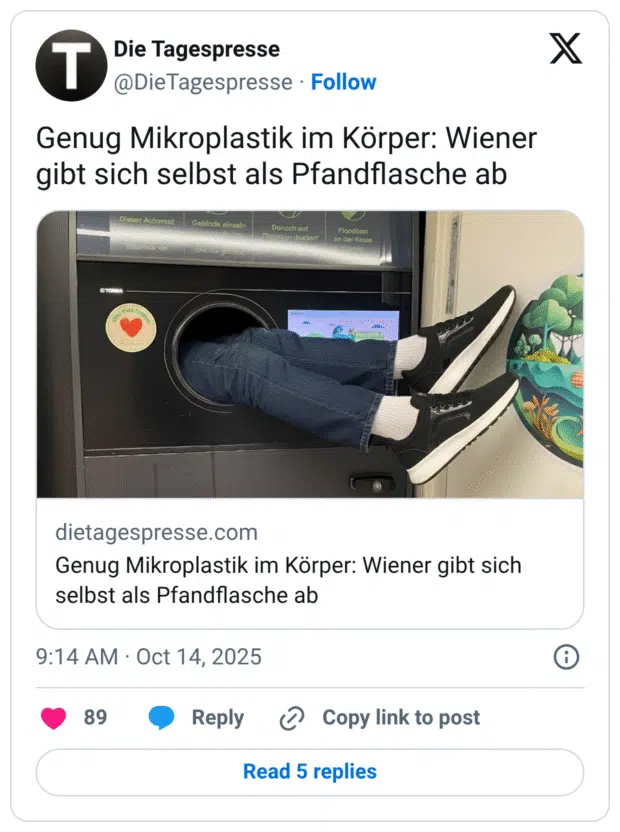 Genug Mikroplastik im Körper: Wiener gibt sich selbst als Pfandflasche ab