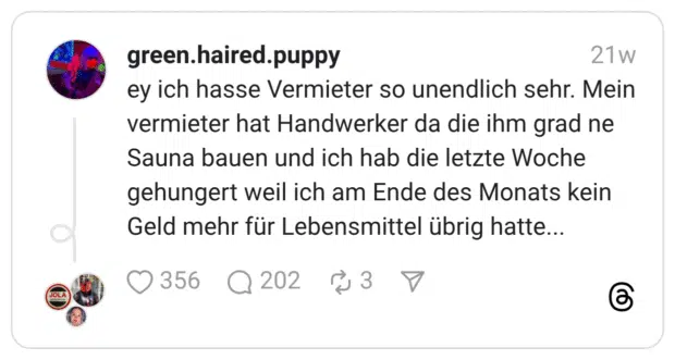 ey ich hasse Vermieter so unendlich sehr. Mein vermieter hat Handwerker da die ihm grad ne Sauna bauen und ich hab die letzte Woche gehungert weil ich am Ende des Monats kein Geld mehr für Lebensmittel übrig hatte...