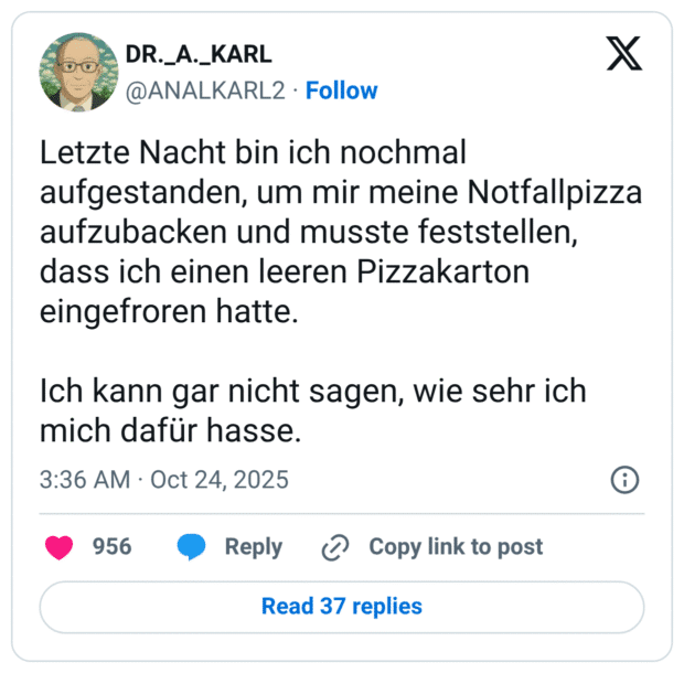 Letzte Nacht bin ich nochmal aufgestanden, um mir meine Notfallpizza aufzubacken und musste feststellen, dass ich einen leeren Pizzakarton eingefroren hatte. Ich kann gar nicht sagen, wie sehr ich mich dafür hasse