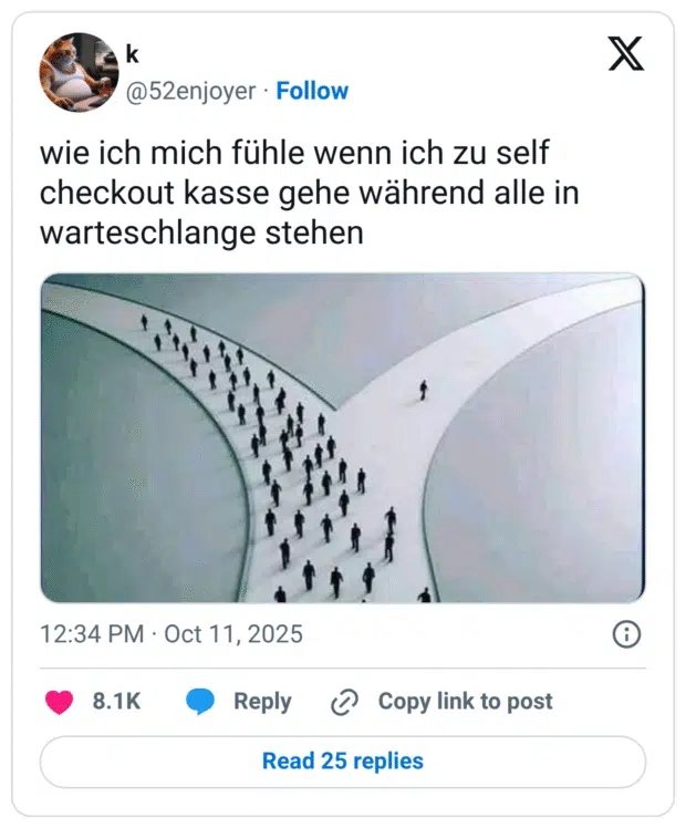 wie ich mich fühle wenn ich zu self checkout kasse gehe während alle in warteschlange stehen