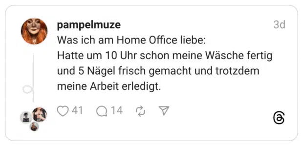 Was ich am Home Office liebe: Hatte um 10 Uhr schon meine Wäsche fertig und 5 Nägel frisch gemacht und trotzdem meine Arbeit erledigt.