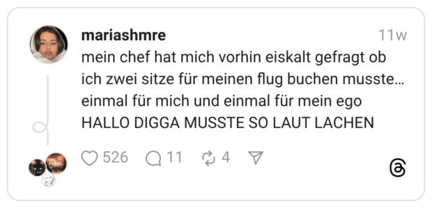 mein chef hat mich vorhin eiskalt gefragt ob ich zwei sitze für meinen flug buchen musste…einmal für mich und einmal für mein ego HALLO DIGGA MUSSTE SO LAUT LACHEN
