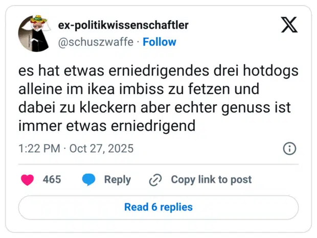 es hat etwas erniedrigendes drei hotdogs alleine im ikea imbiss zu fetzen und dabei zu kleckern aber echter genuss ist immer etwas erniedrigend