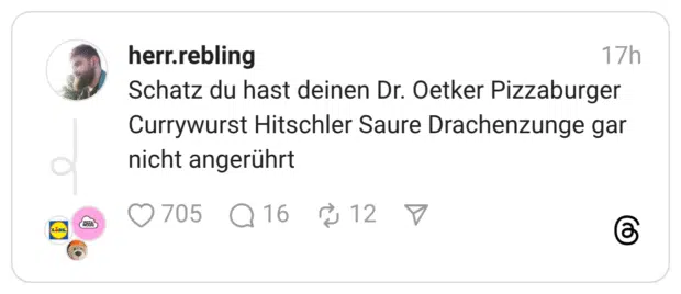 Schatz du hast deinen Dr. Oetker Pizzaburger Currywurst Hitschler Saure Drachenzunge gar nicht angerührt