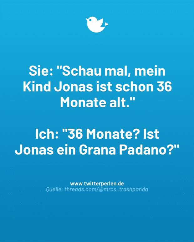 Sie: „Schau mal, mein Kind Jonas ist schon 36 Monate alt.“
Ich: „36 Monate? Ist Jonas ein Grana Padano?“
