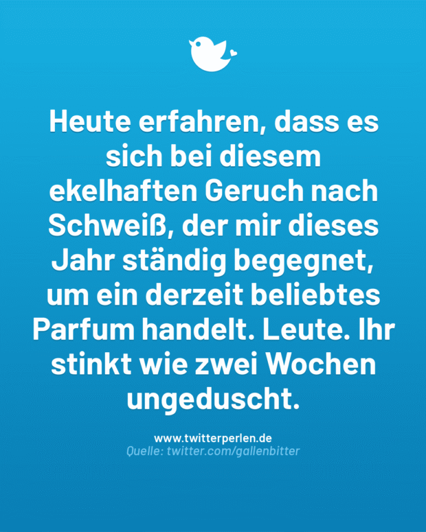 Heute erfahren, dass es sich bei diesem ekelhaften Geruch nach Schweiß, der mir dieses Jahr ständig begegnet, um ein derzeit beliebtes Parfum handelt. Leute. Ihr stinkt wie zwei Wochen ungeduscht.