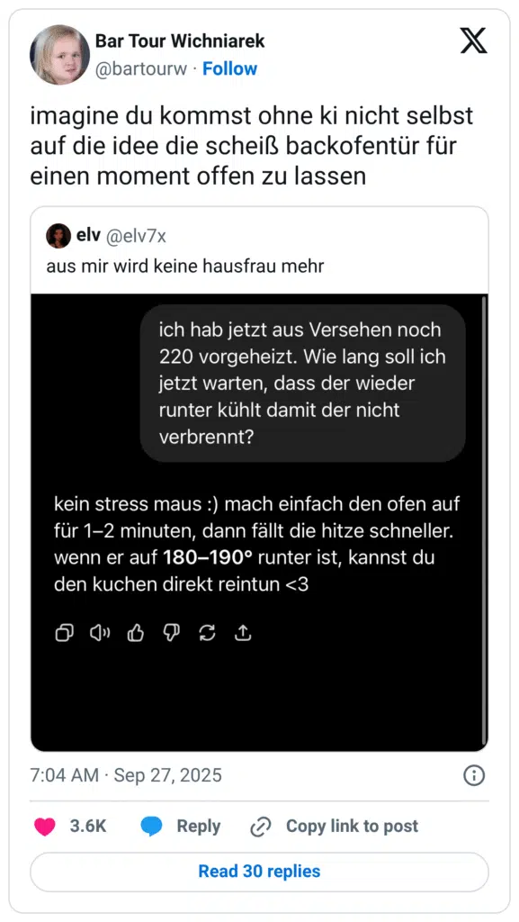 imagine du kommst ohne ki nicht selbst auf die idee die scheiß backofentür für einen moment offen zu lassen