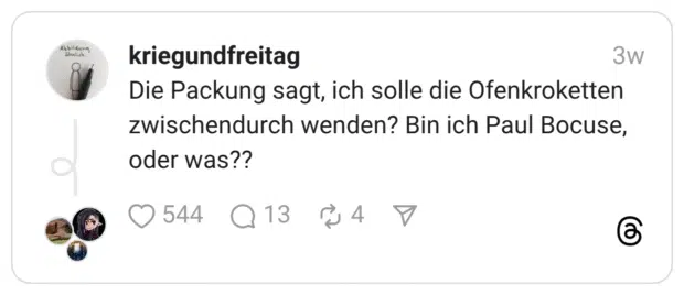 Die Packung sagt, ich solle die Ofenkroketten zwischendurch wenden? Bin ich Paul Bocuse, oder was??