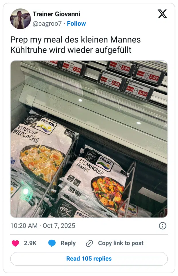 Prep my meal des kleinen Mannes Kühltruhe wird wieder aufgefüllt