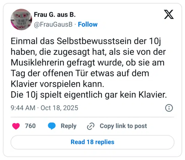 Einmal das Selbstbewusstsein der 10j haben, die zugesagt hat, als sie von der Musiklehrerin gefragt wurde, ob sie am Tag der offenen Tür etwas auf dem Klavier vorspielen kann. Die 10j spielt eigentlich gar kein Klavier.