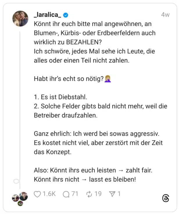 Könnt ihr euch bitte mal angewöhnen, an Blumen-, Kürbis- oder Erdbeerfeldern auch wirklich zu BEZAHLEN? Ich schwöre, jedes Mal sehe ich Leute, die alles oder einen Teil nicht zahlen. Habt ihr’s echt so nötig?🤦🏼‍♀️ 1. Es ist Diebstahl. 2. Solche Felder gibts bald nicht mehr, weil die Betreiber draufzahlen. Ganz ehrlich: Ich werd bei sowas aggressiv. Es kostet nicht viel, aber zerstört mit der Zeit das Konzept. Also: Könnt ihrs euch leisten → zahlt fair. Könnt ihrs nicht → lasst es bleiben!