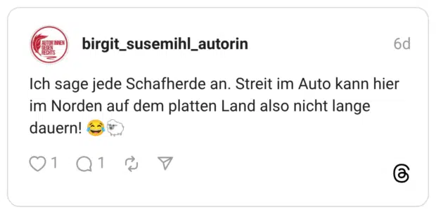 Ich sage jede Schafherde an. Streit im Auto kann hier im Norden auf dem platten Land also nicht lange dauern! 😂🐑