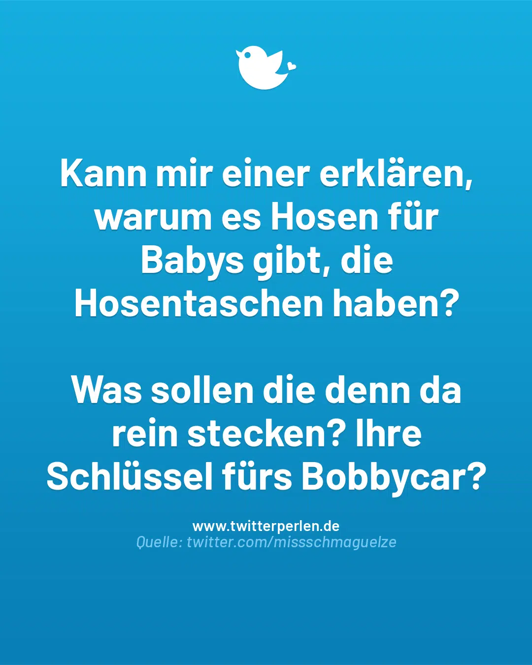 Kann mir einer erklären, warum es Hosen für Babys gibt, die Hosentaschen haben?
Was sollen die denn da rein stecken? Ihre Schlüssel fürs Bobbycar?