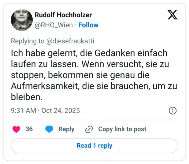 Ich habe gelernt, die Gedanken einfach laufen zu lassen. Wenn versucht, sie zu stoppen, bekommen sie genau die Aufmerksamkeit, die sie brauchen, um zu bleiben.
