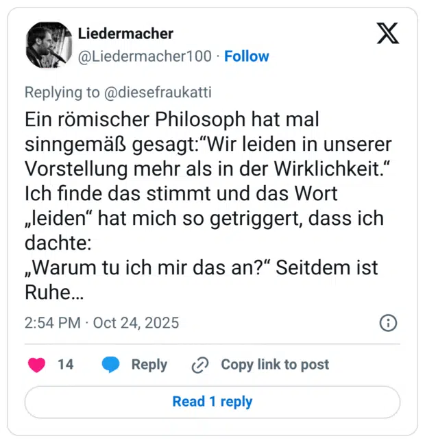 Ein römischer Philosoph hat mal sinngemäß gesagt:“Wir leiden in unserer Vorstellung mehr als in der Wirklichkeit.“ Ich finde das stimmt und das Wort „leiden“ hat mich so getriggert, dass ich dachte: „Warum tu ich mir das an?“ Seitdem ist Ruhe…