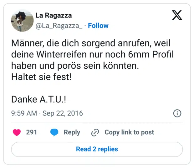 Männer, die dich sorgend anrufen, weil deine Winterreifen nur noch 6mm Profil haben und porös sein könnten. Haltet sie fest! Danke A.T.U.!