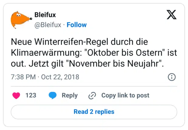 Neue Winterreifen-Regel durch die Klimaerwärmung: "Oktober bis Ostern" ist out. Jetzt gilt "November bis Neujahr".
