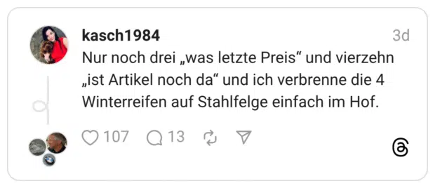 Nur noch drei „was letzte Preis“ und vierzehn „ist Artikel noch da“ und ich verbrenne die 4 Winterreifen auf Stahlfelge einfach im Hof.
