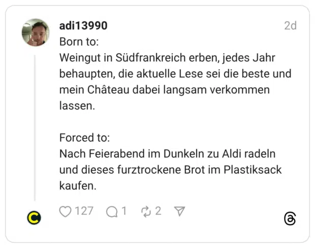 Born to: Weingut in Südfrankreich erben, jedes Jahr behaupten, die aktuelle Lese sei die beste und mein Château dabei langsam verkommen lassen. Forced to: Nach Feierabend im Dunkeln zu Aldi radeln und dieses furztrockene Brot im Plastiksack kaufen