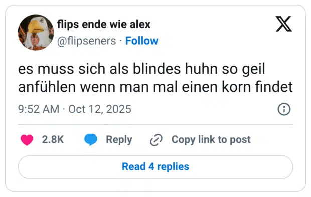 es muss sich als blindes huhn so geil anfühlen wenn man mal einen korn findet
