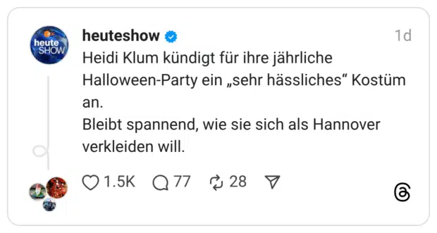 Heidi Klum kündigt für ihre jährliche Halloween-Party ein „sehr hässliches“ Kostüm an. Bleibt spannend, wie sie sich als Hannover verkleiden will.