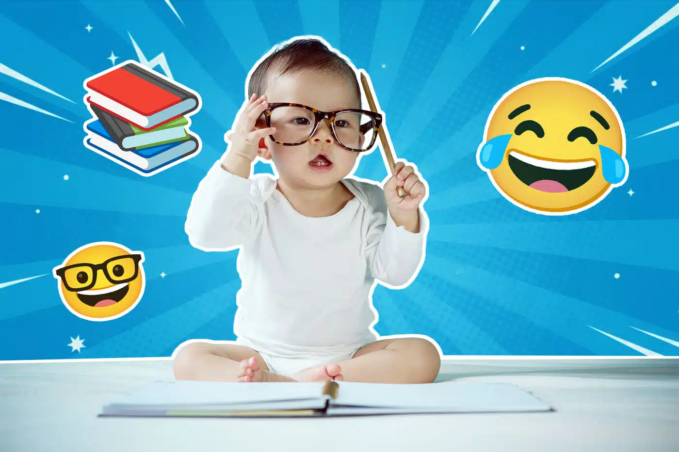 Ein Baby mit großer Brille sitzt auf dem Boden, hält einen Stift in der Hand und schaut neugierig; vor ihm liegt ein aufgeschlagenes Buch, umgeben von lachenden und lernbezogenen Emojis auf blauem, grafischem Hintergrund.