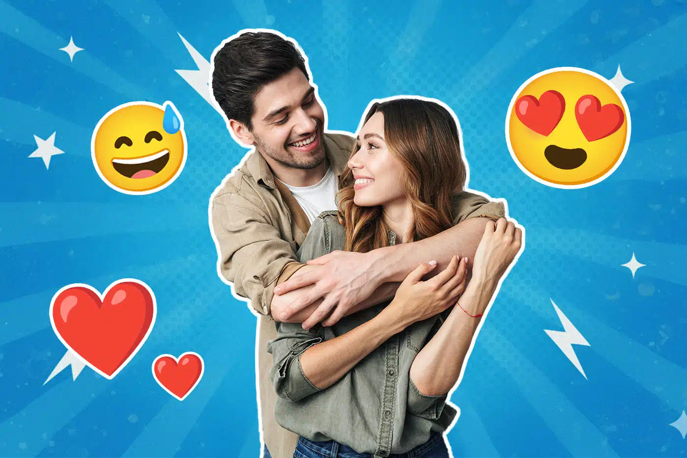 Ein junges Paar umarmt sich lächelnd und schaut sich verliebt an; um sie herum sind Herz- und Emoji-Symbole mit Herzaugen und lachendem Gesicht auf blauem, grafischem Hintergrund zu sehen.