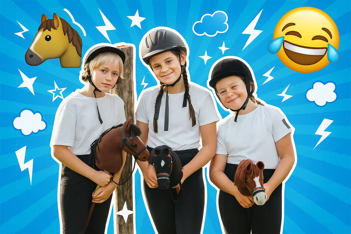 Drei Kinder in Reithelmen posieren lachend mit Steckenpferden vor einem blauen Hintergrund im Pop-Art-Stil.
