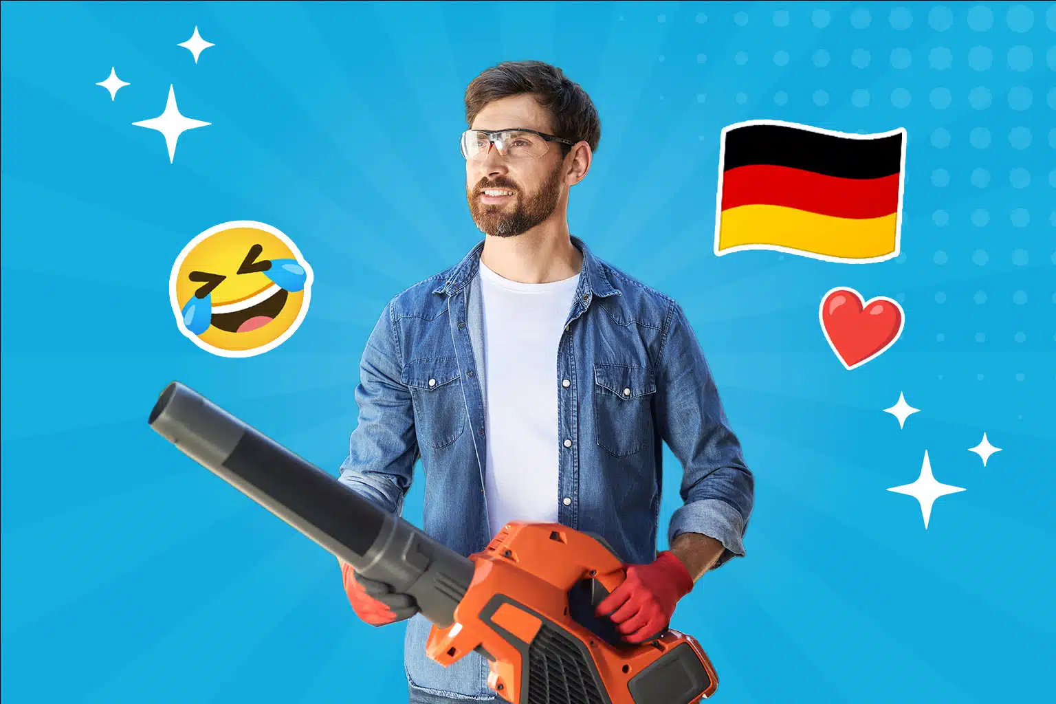 Ein Mann mit einem Laubbläser in der Hand schaut in die ferne, umgeben von einem humorvollen blauen Retro Pop-art Hintergrund.