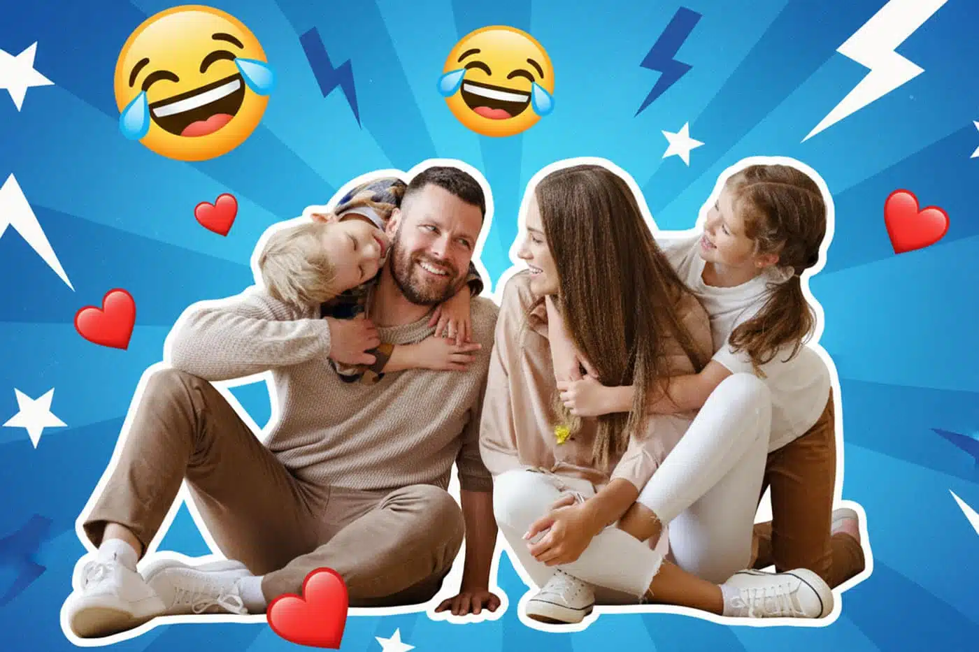 Glückliche Familie umgeben von blauem Retro Pop-art Hintergrund.
