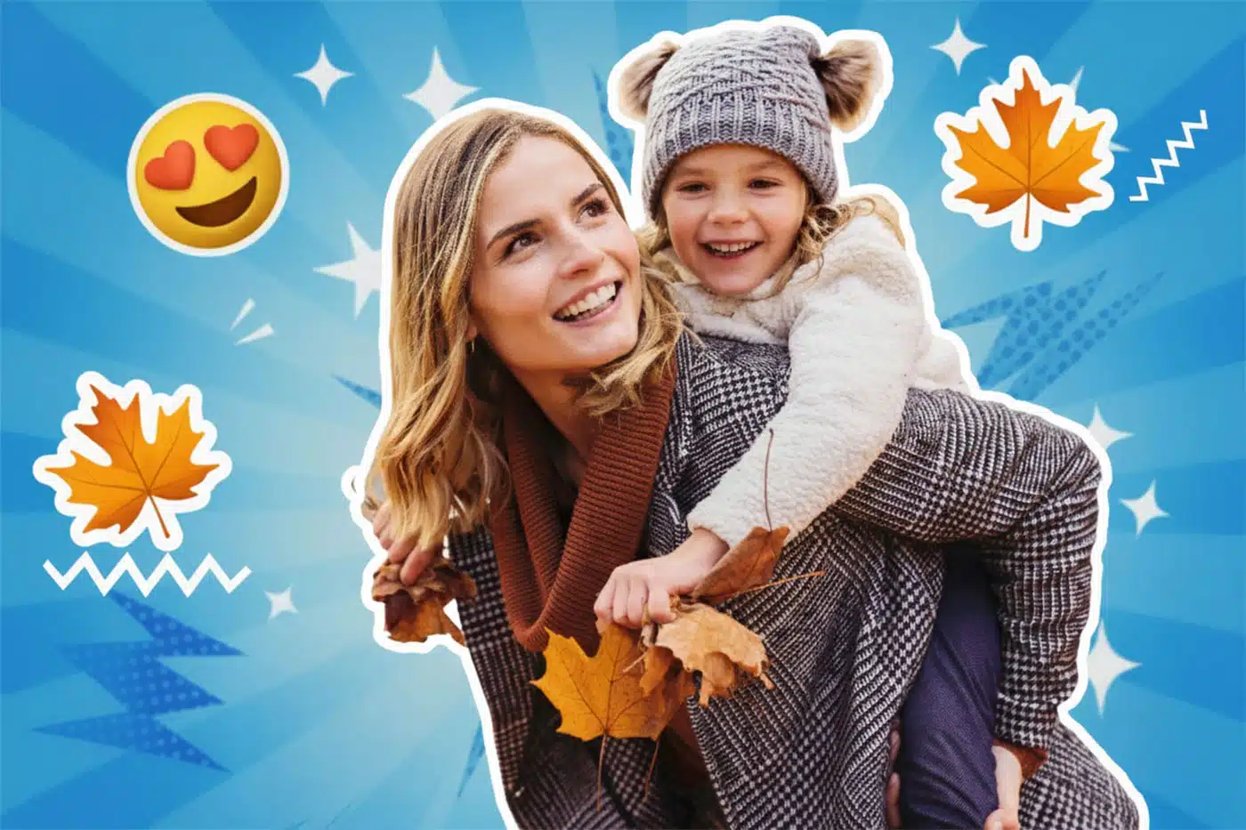 Mutter mit Kind auf dem Rücken und Herbstblättern in der Hand lachen glücklich.