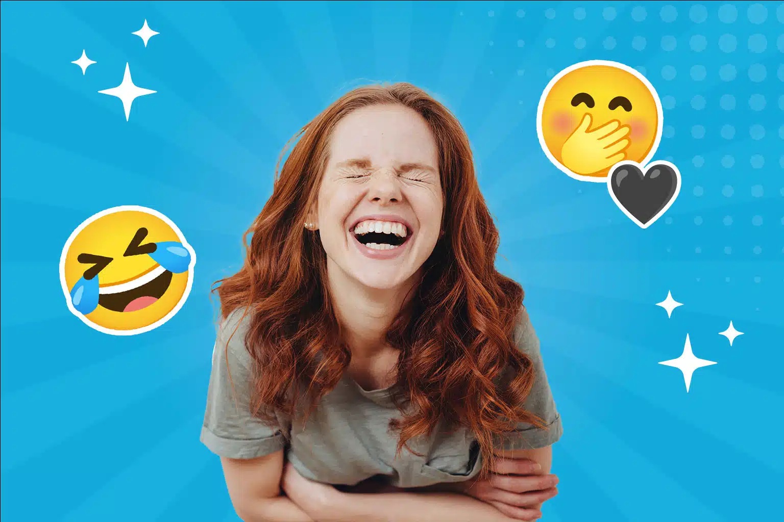 Junge Frau lacht und hält sich den Bauch, umgeben von einem Retro Pop-Art Hintergrund.