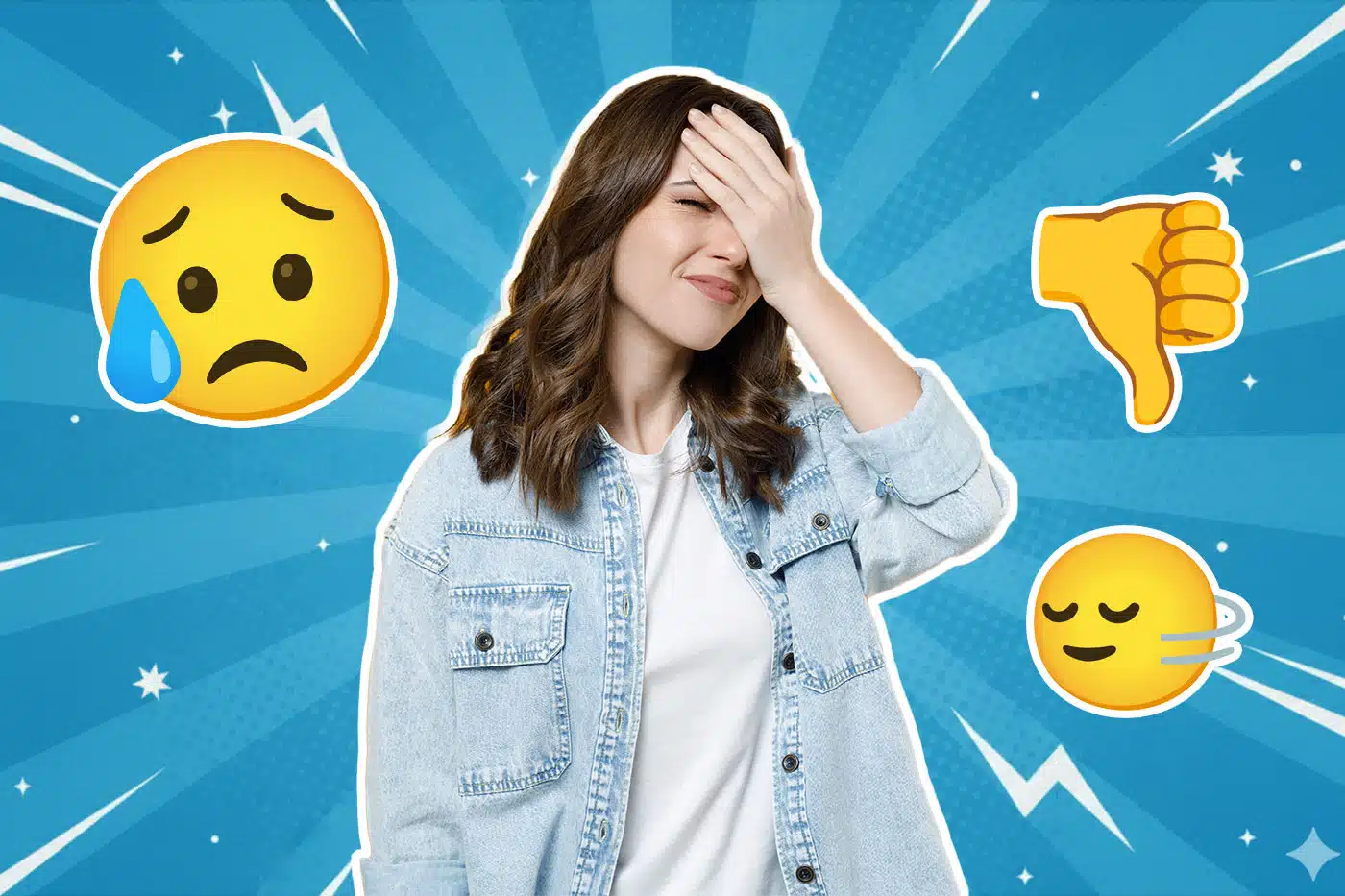 Eine junge Frau in Jeansjacke steht vor einem blauen, grafischen Hintergrund und schlägt sich mit einem genervten Gesichtsausdruck die Hand auf die Stirn; um sie herum sind Emojis mit traurigem, genervtem und ablehnendem Ausdruck zu sehen.